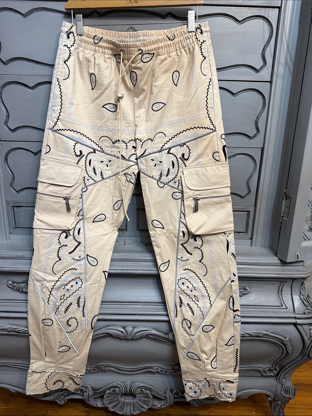 Beige Bandana-Print Cargo Pants with Drawstring Waist Never worn